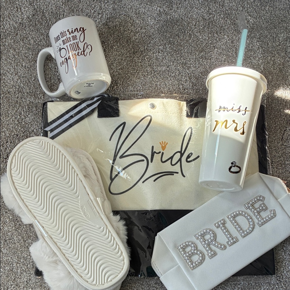 Bride White Bridal Gift Set - 'Bride' Tote, 'Miss to Mrs' Tumbler & Accessories